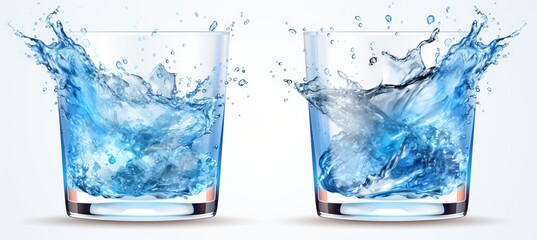 Poster - Water splashing in two clear glasses captured in a dynamic and vibrant manner