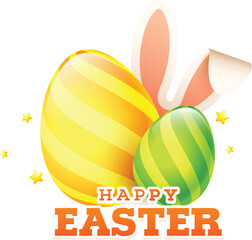 Wall Mural - Sticker Style Happy Easter Text with Shiny Eggs, Bunny Ear on White Background.