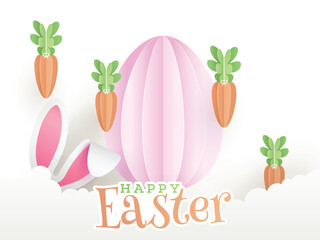 Poster - Paper Style Happy Easter Greeting Card with Bunny Ear, Pink Egg, Carrot Decorated on Cloudy Background.