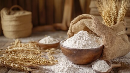 A rustic kitchen table with a bowl of flour, wheat stalks, and a bag of flour, evoking a warm and inviting atmosphere perfect for baking.