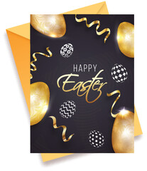 Poster - Happy Easter Greeting Card Decorated with Golden Eggs and Envelope Illustration.