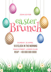 Wall Mural - Easter Brunch invitation card with colorful painted eggs hang and event details.