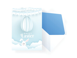 Poster - Paper Cut Happy Easter Greeting Card with Egg Hang, Cute Bunny on Cloudy View and Envelope Illustration.