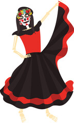 Sticker - Cartoon Illustration of Catrina Dancing on Mecian Holiday of Dia De Los Muertos Vector Illustration.