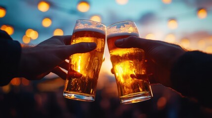 Two friends clinking their beer glasses and celebrating together at a sunset outdoor party or gathering  The image captures the festive atmosphere camaraderie