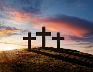 Wall Mural -  Three Christian crosses on a hill during Easter and Good Friday, set against colorful c_1(579)