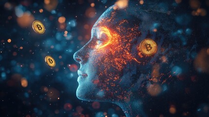 Poster - a futuristic digital artwork showing a human face with floating bitcoin coins and particles of light