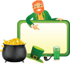 Poster - Cartoon Happy leprechaun man showing blank frame with money pot and festive element for st patrick's day celebration vector illustration.