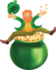 Wall Mural - Cheerful Leprechaun Man Holding Hat and Sit on Money Pot for St Patricks Day Celebration Vector Illustration.