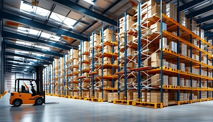 Modern Distribution Center with High Shelves, Forklifts, and Streamlined Logistics in a Spacious Warehouse