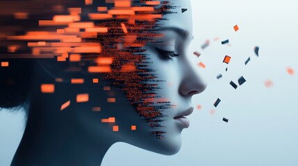 Wall Mural - A surreal, fragmented portrait of a human face, with a flowing, abstract shield composed of code, representing the power of imagination in defending against digital threats.