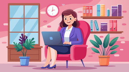 Wall Mural - Young businesswoman with laptop sitting in comfortable office chair on pink background