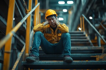 Asian Worker Facing Unemployment, Tired and Headache, Sitting Alone on Industrial Staircase generative ai