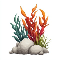 Colorful underwater plants with rocks, ideal for marine-themed designs and aquatic illustrations.