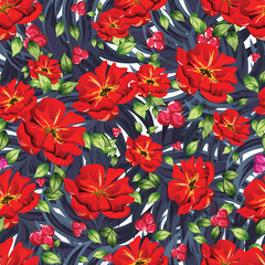 Canvas Print - Beautiful seamless floral pattern background decorated with red flowers.