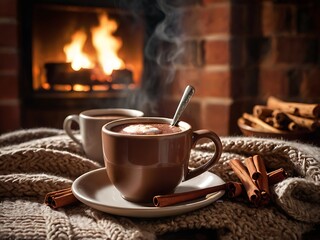 Hands holding cozy hot drink by the fire with warm blankets in a relaxing autumn setting
