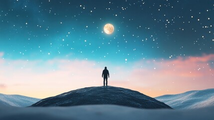 A lone, surreal figure, standing on the surface of an asteroid, gazing out at the vastness of space, a testament to the human spirit capacity for exploration and the power of imagination to transcend