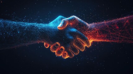 Poster - Abstract hands shaking in a digital mesh of lines and dots, with futuristic effects symbolizing global unity and collaboration in modern technology