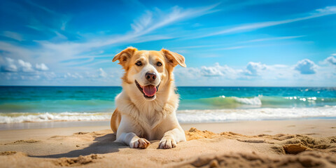 Cute dog relaxing on sandy summer beach like human , beach, vacation, relaxation, pet, canine, adorable, lying down, sun, water