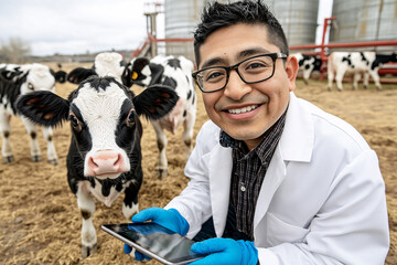 A young veterinarian on a farm using a tablet to monitor calves. The image highlights modern farming practices, blending technology with livestock care in a rural, outdoor setting.