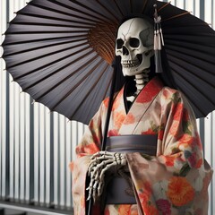 Wall Mural - Japanese grim reaper skeleton wearing kimono.