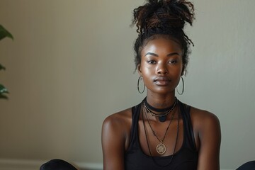 A young woman with natural hair and layered necklaces sitting in a minimalist room during daytime