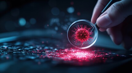 Poster - A cybersecurity investigator examining digital evidence on a computer, using forensic tools to uncover traces of cybercrime.