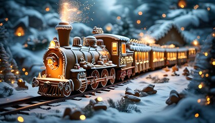 Wall Mural - Gingerbread Train at Festive Station Surrounded by Holiday Cheer in a Magical Winter Wonderland