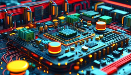 Wall Mural - Vibrant 3D circuit board showcasing intricate electronic components, chips, transistors, and capacitors, embodying advanced technology and full stack software development