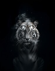 Poster - A white tiger with black stripes emerges from a cloud of smoke against a dark background.