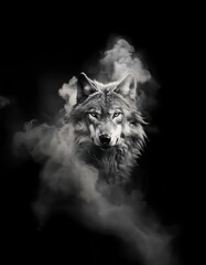 a wolf's face emerges from a cloud of smoke, its eyes staring directly at the viewer.