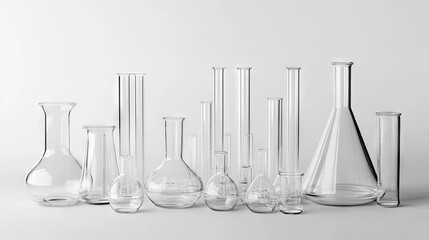 Poster - Laboratory glassware set including test tubes and beakers, isolated on a white background for scientific imagery