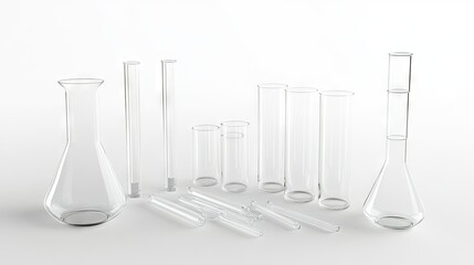 Poster - Laboratory glassware set including test tubes and beakers, isolated on a white background for scientific imagery