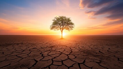 A solitary tree stands resilient on cracked earth, illuminated by a breathtaking sunset. Nature's beauty and strife unite in harmony.