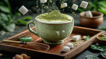 A beautifully arranged matcha tea experience with floating matcha powder and sugar cubes, surrounded by rich green leaves.