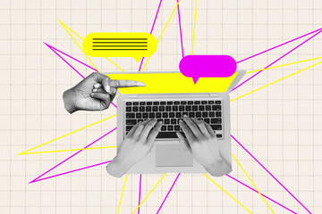 Poster - Composite photo collage of hands type laptop keyboard message business correspondence finger point index isolated on painted background