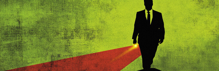 High-resolution, photorealistic collage of a man in business attire walking along a red line of an illuminated yellow flashlight against a green background. The minimalist composition, featuring simpl