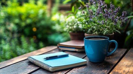 11. A relaxing outdoor setting with a blue vintage coffee cup, several diary notebooks, and a potted plant, all placed on a rustic wooden table with greenery in the background