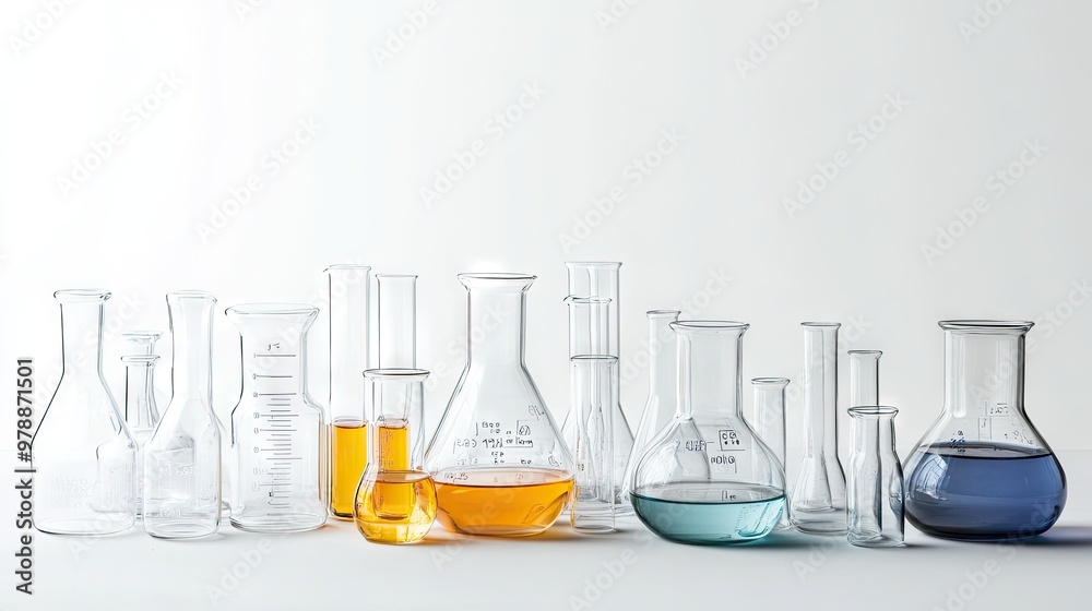 Scientific glassware set including beakers and test tubes, isolated on ...