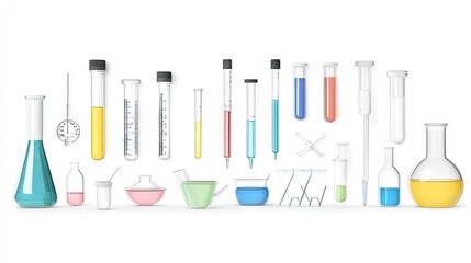 Poster - Set of scientific tools including pipettes and flasks, isolated on a white background for laboratory-themed images