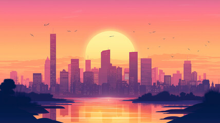 Sunset or sunrise over a modern city in natural colors. illustration of city landscape.