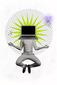 Vertical poster collage young man headless caricature computer laptop digital device meditation asana self control drawing background