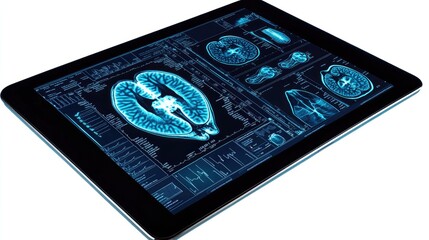 Poster - Tablet showing clear cardiac MRI images, isolated on white background with clipping path, perfect for medical diagnostics and healthcare visuals