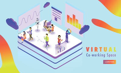 Sticker - Virtual Co-Working platform, miniature people analysis data or stats on abstract background. Responsive web template design.