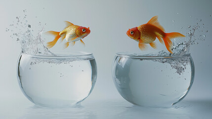 A vibrant goldfish leaping out of a glass bowl, mid-air with water splashing around