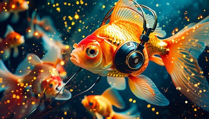 Euphoric Dreamscape: Goldfish with Headphones Swimming in a Glittering Glow of Light