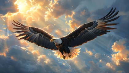 Wall Mural - Majestic eagle soaring through sunlit clouds, embodying the spirit of hope and strength from Isaiah 40:31 in a vivid display of faith and inspiration