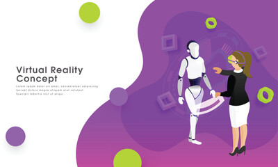 Sticker - Responsive web template design, girl management data process of a humanoid robot through VR glasses for virtual reality concept.