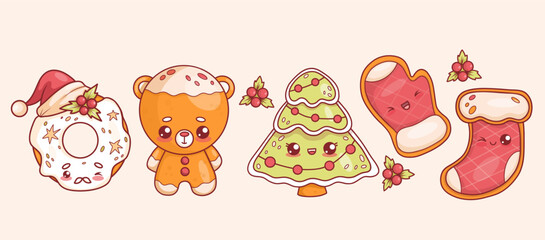 Wall Mural - Christmas gingerbread. Cute bear, Xmas boot and mitten, tree and donut with glaze in Santa hat. Isolated traditional holiday kawaii cartoon characters sweets. Vector illustration