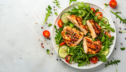 Wall Mural - Grilled chicken with green salad. Keto diet, healthy eating. Top view on white table with space for text